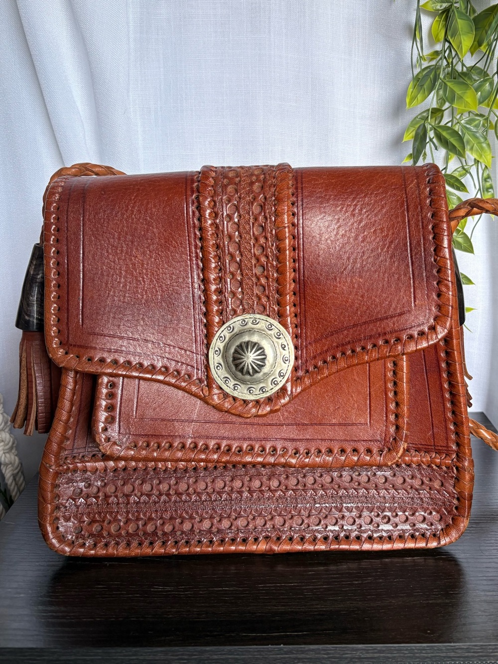 Vintage Hand Tooled Leather Crossbody Purse Moroccan Braided Tassel Saddle Bag